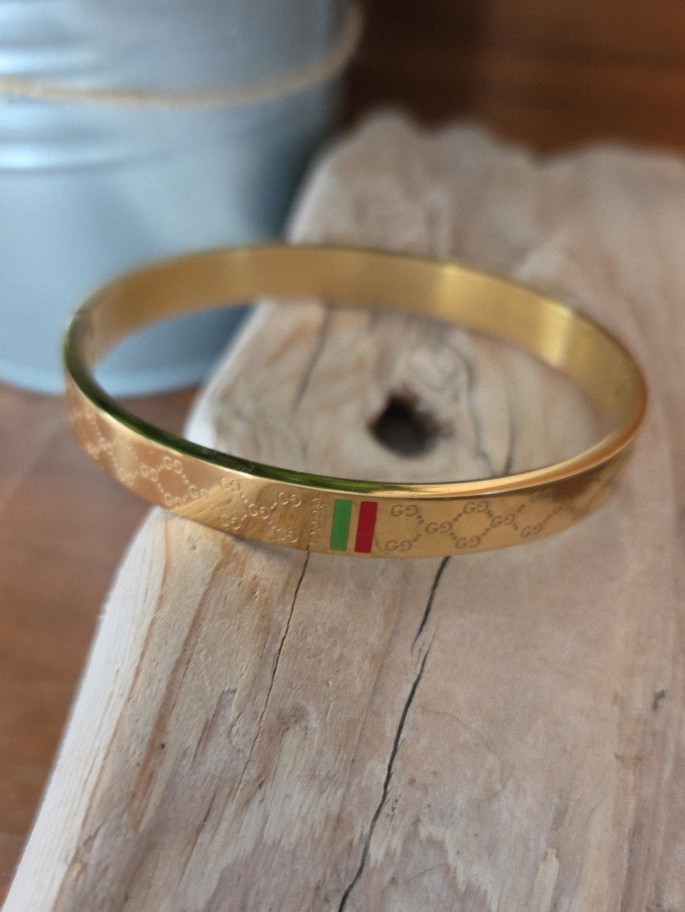 Goldtone Bangle with Green and Red Stripe